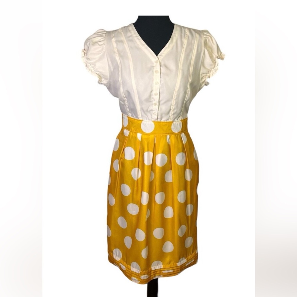 Downeast White Puff Sleeve Yellow Polka Dot Midi Dress Sz S Retro 50s Inspired